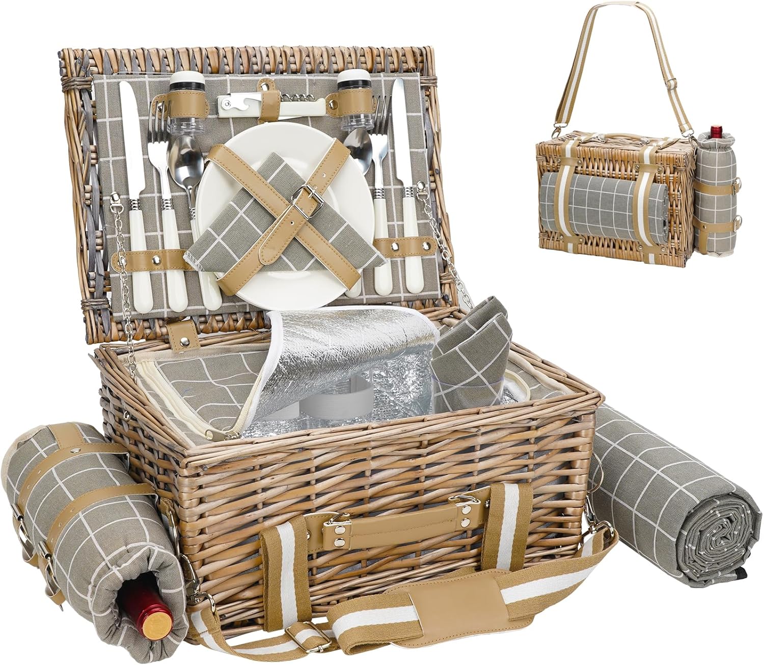 19Pcs Picnic Basket for 2 with Blanket - Wicker Set for Couples