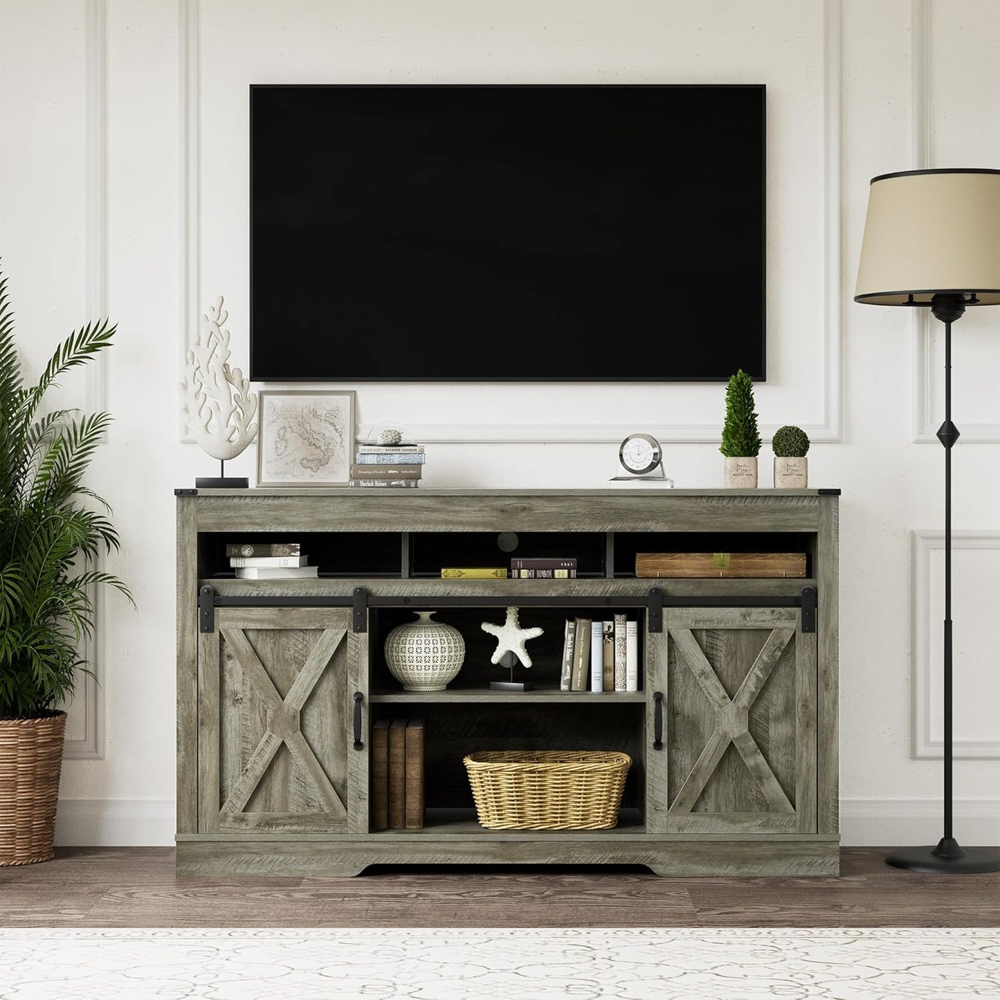 RoyalCraft Farmhouse TV Stand: 65+ Inch Sliding Door Storage