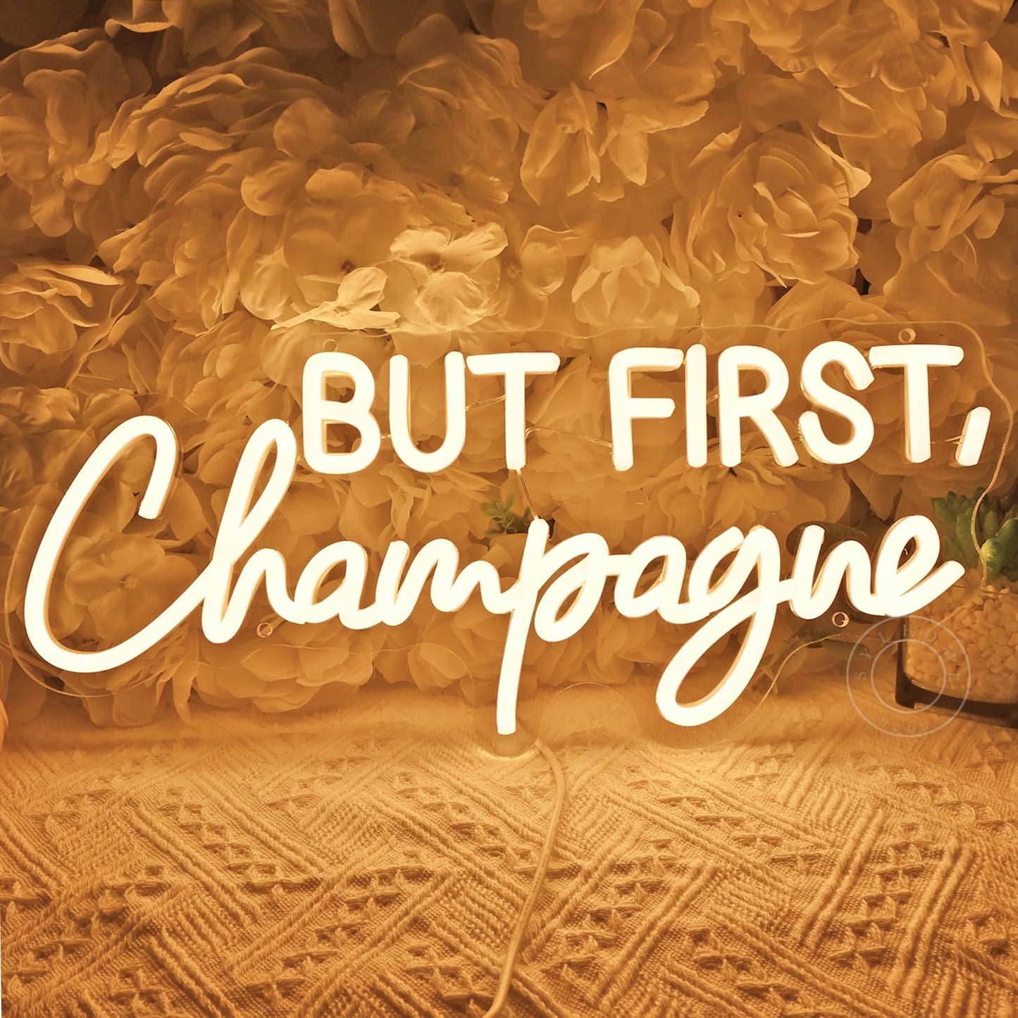 SYLHOME But First Champagne Neon Light Sign for Home Bar Decor