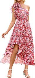 Womens One Shoulder Floral Maxi Dress - Flowy Ruffle High-Low