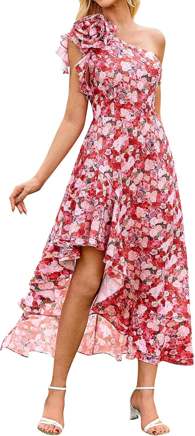 One Shoulder Floral Maxi Sundress for Wedding Guests and Parties