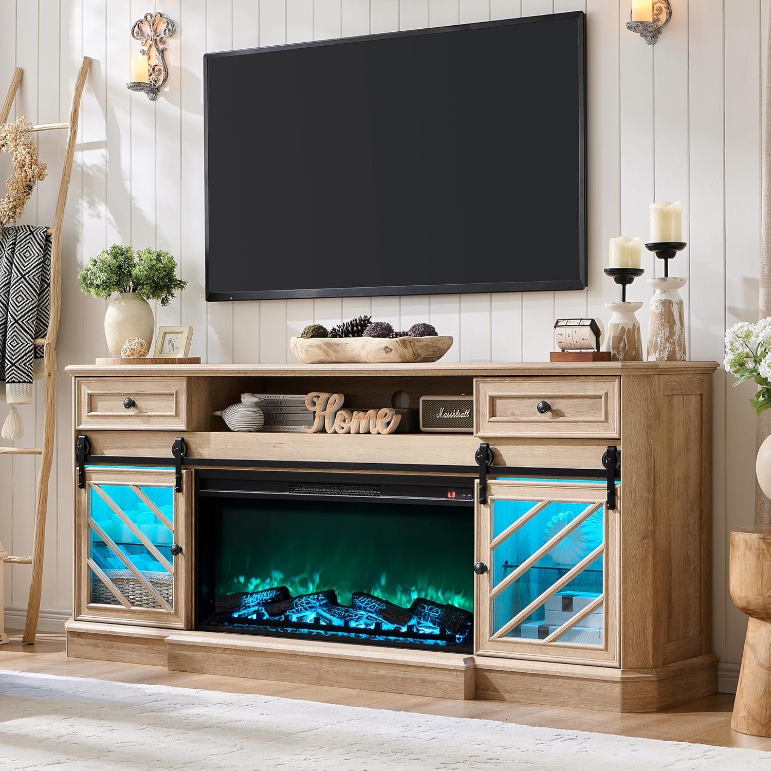 Modern Farmhouse Fireplace TV Stand 85 with Electric Fireplace