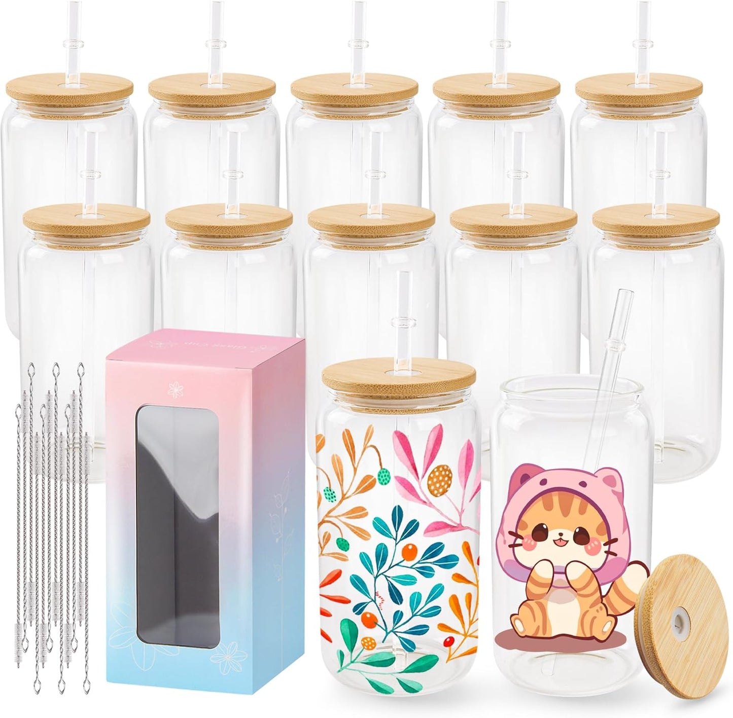Sublimation Glass Cups with Lids and Straws for DIY Gifts