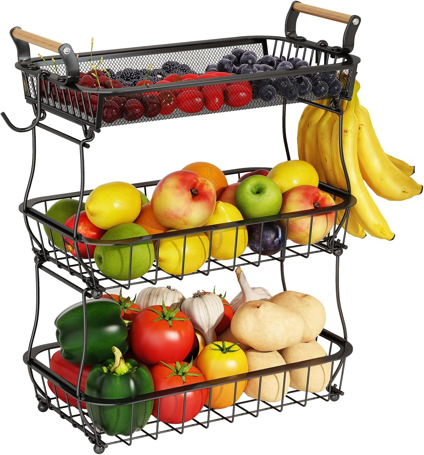3 Tier Fruit Basket with Banana Hangers for Kitchen Counter