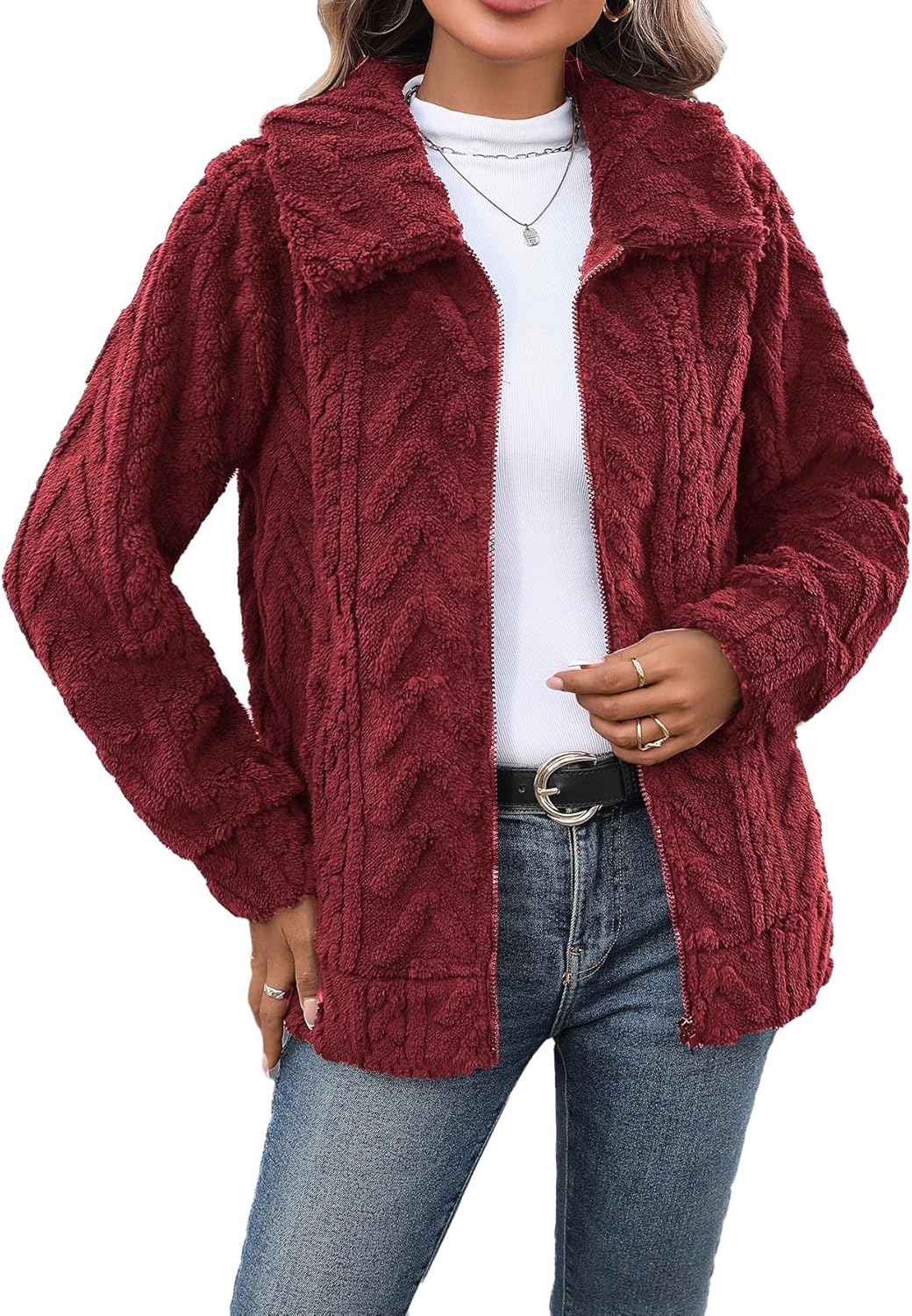 Women's Fleece Jacket Full Zip Lapel Collar Cozy Outerwear
