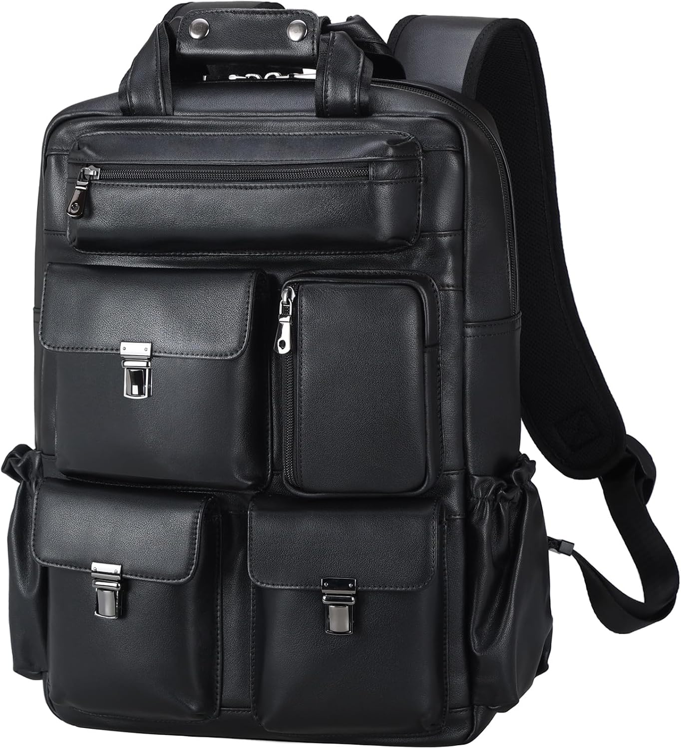 Masa Kawa Black Leather Backpack for Men 15.6 Inch Laptop Bag