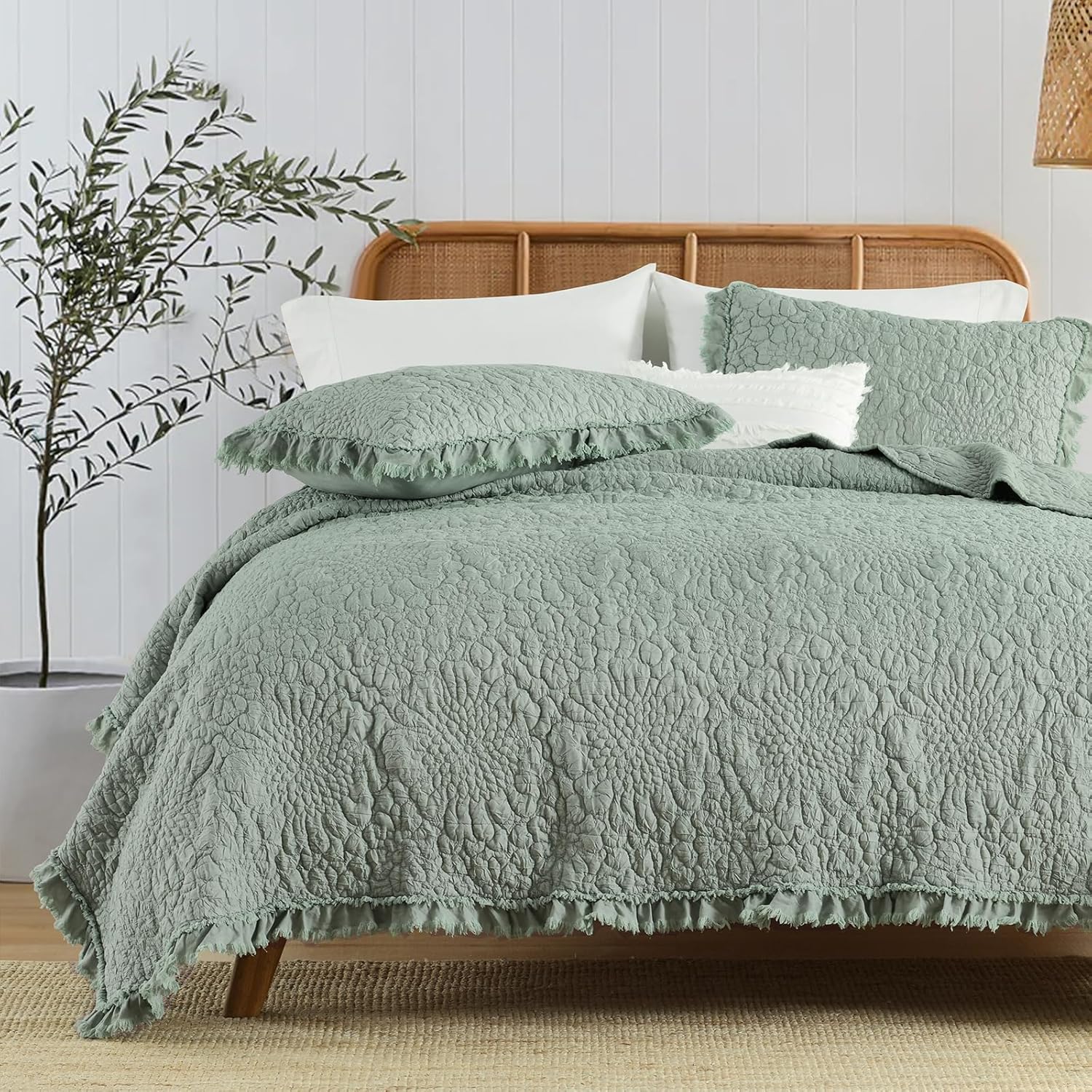 Sage Green Ruffled Quilt King Size for Rustic Farmhouse Style