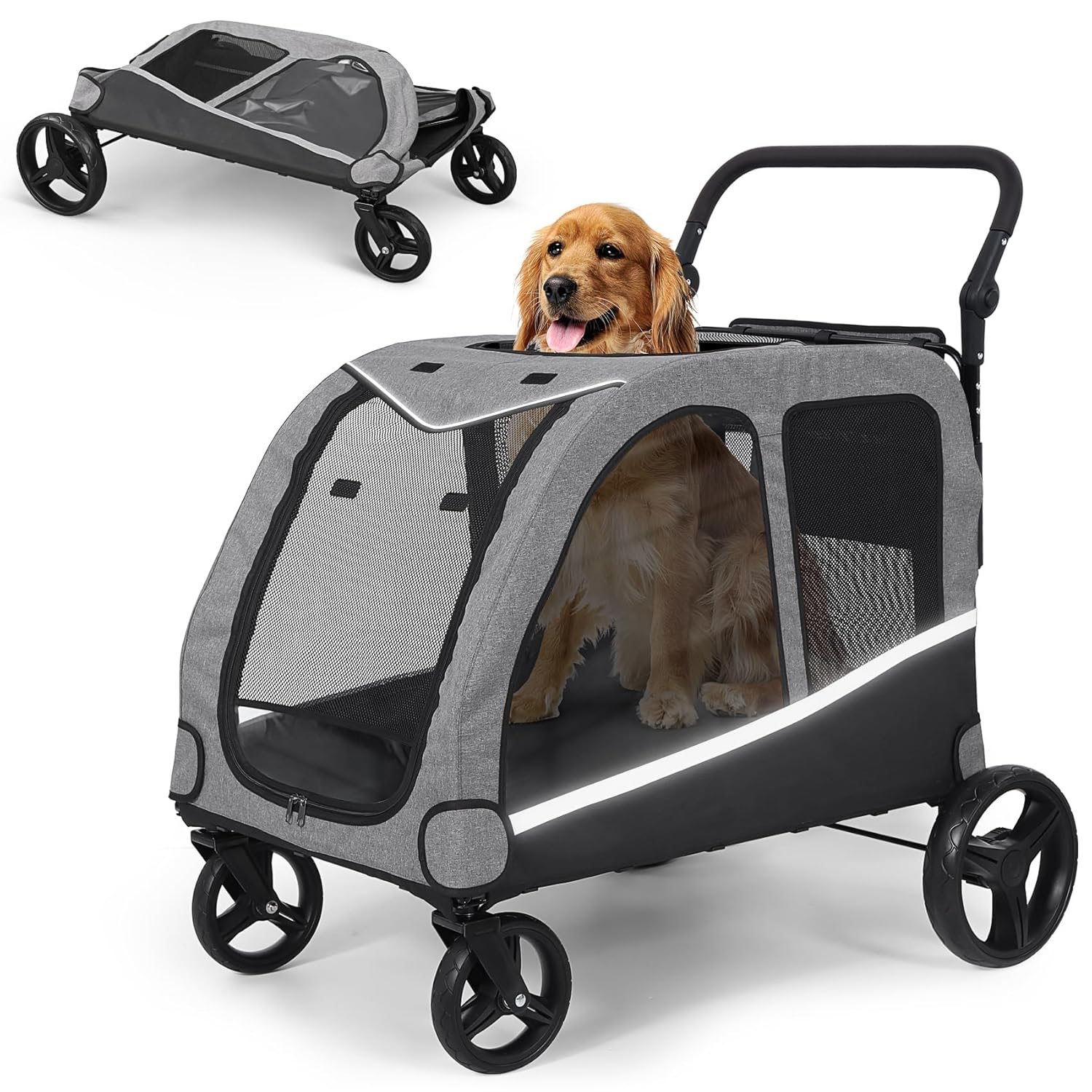 Large Dog Stroller with Adjustable Handle for Two Pets up to 130 lbs