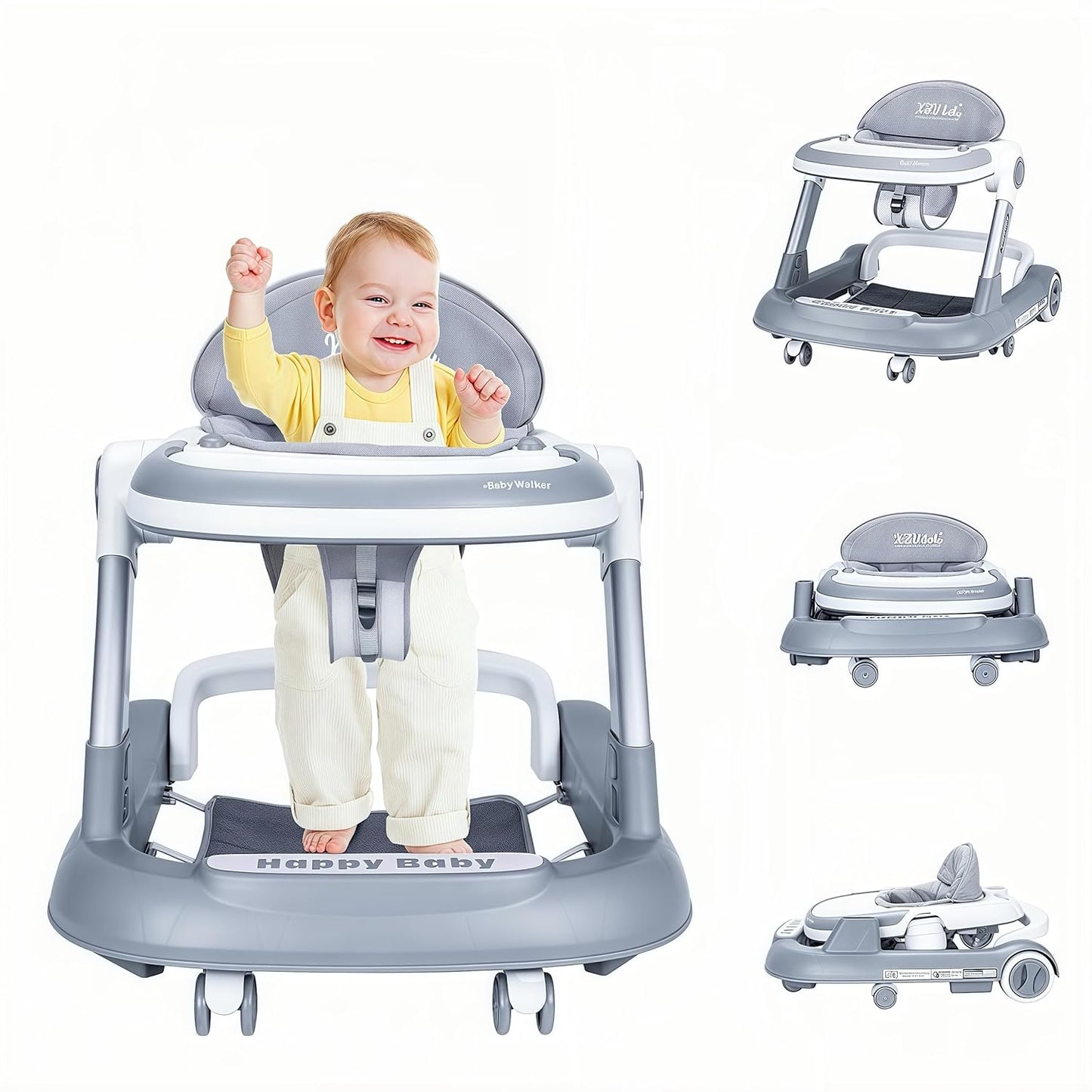 Foldable Anti-Rollove Baby Walker - 2 Heights, Grey