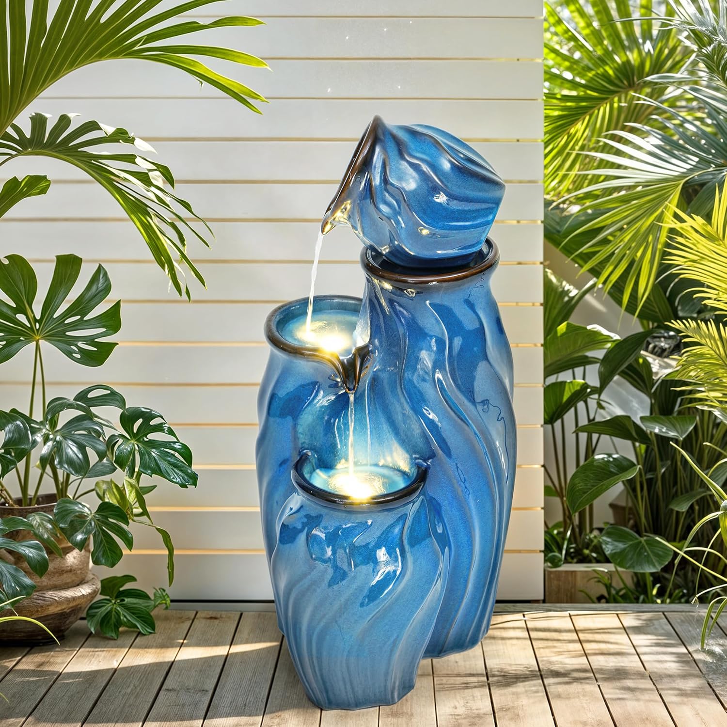 29 in Ceramic Outdoor Fountain with Lights for Relaxing Oasis