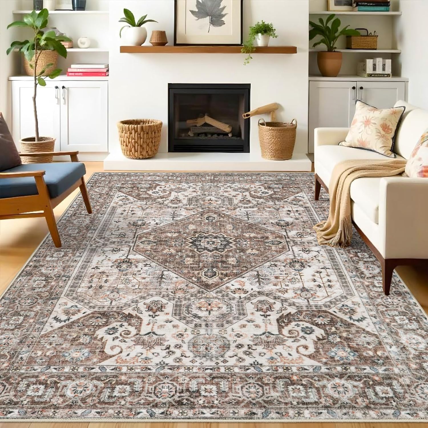 Washable 8x10 Large Area Rug: Stain Resistant Medallion Design