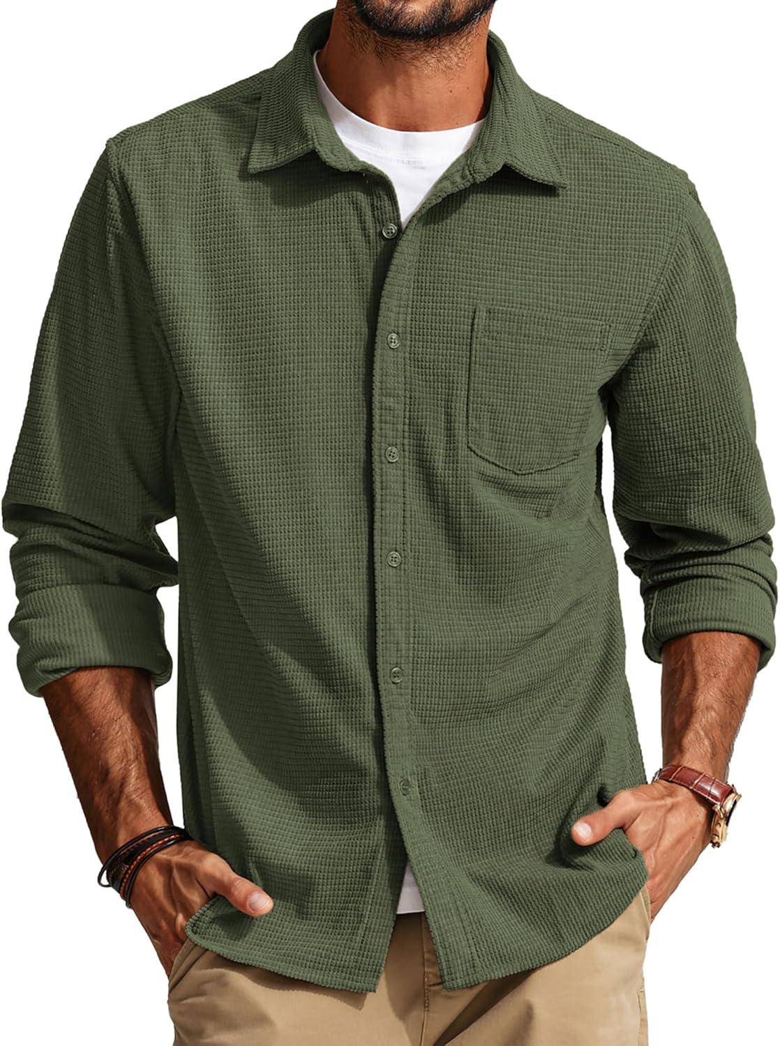 PJ PAUL JONES Men's Long Sleeve Waffle Button Down Shirt Review