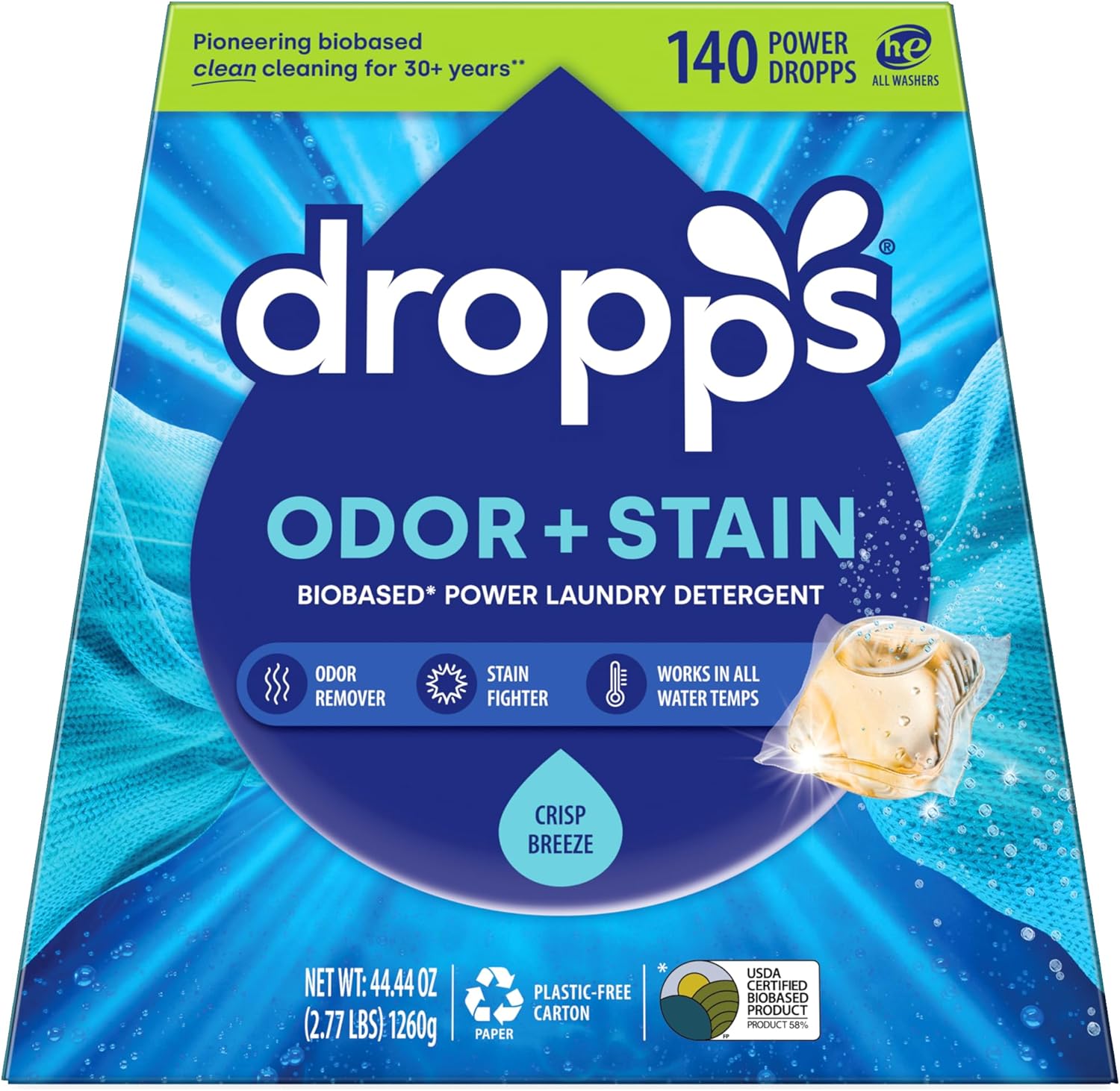 Dropps Odor & Stain Biobased Power Laundry Pods for Fresh Clothes