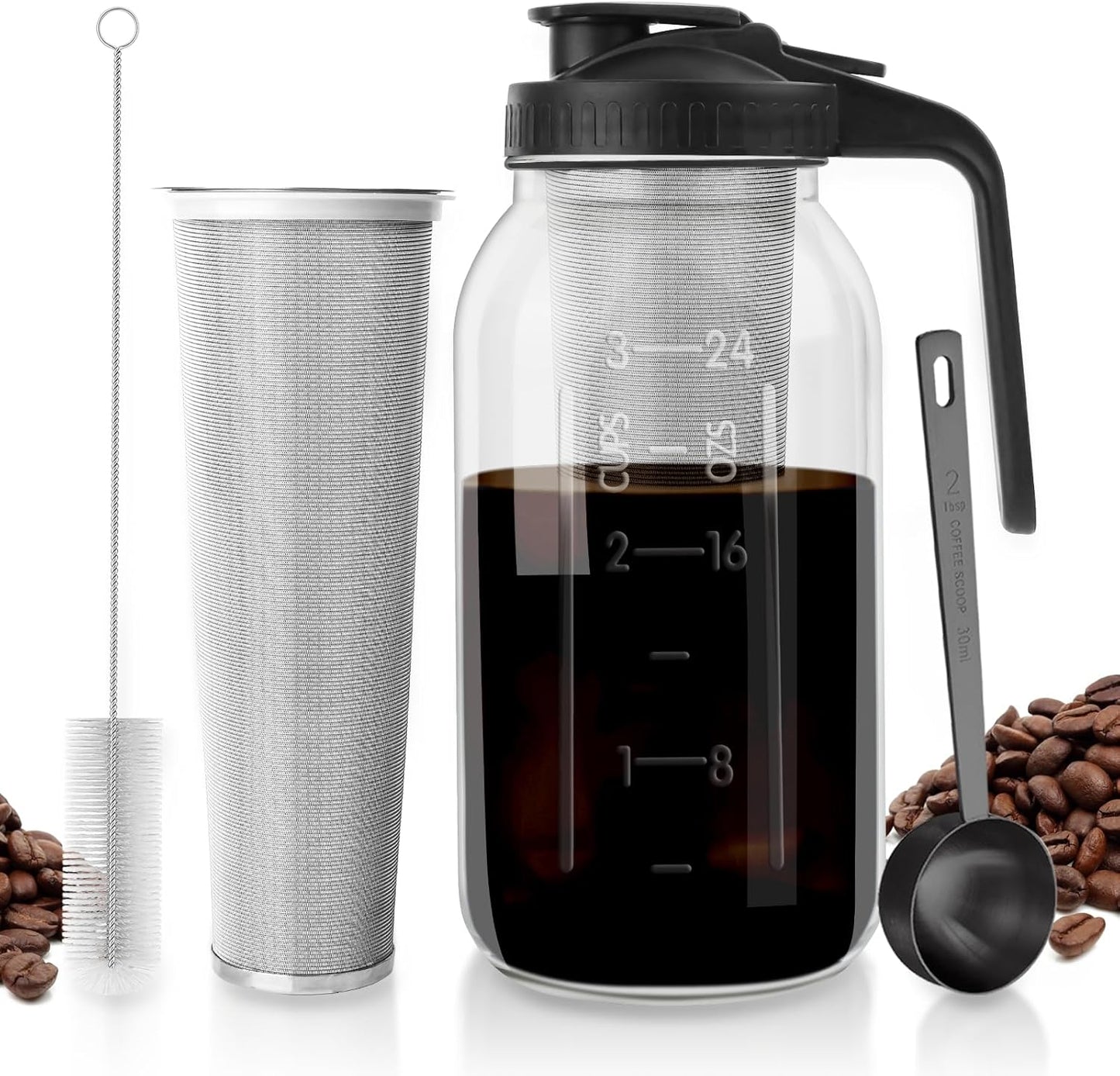 64oz Glass Cold Brew Maker - Stainless Steel Filter - Iced Coffee, Tea
