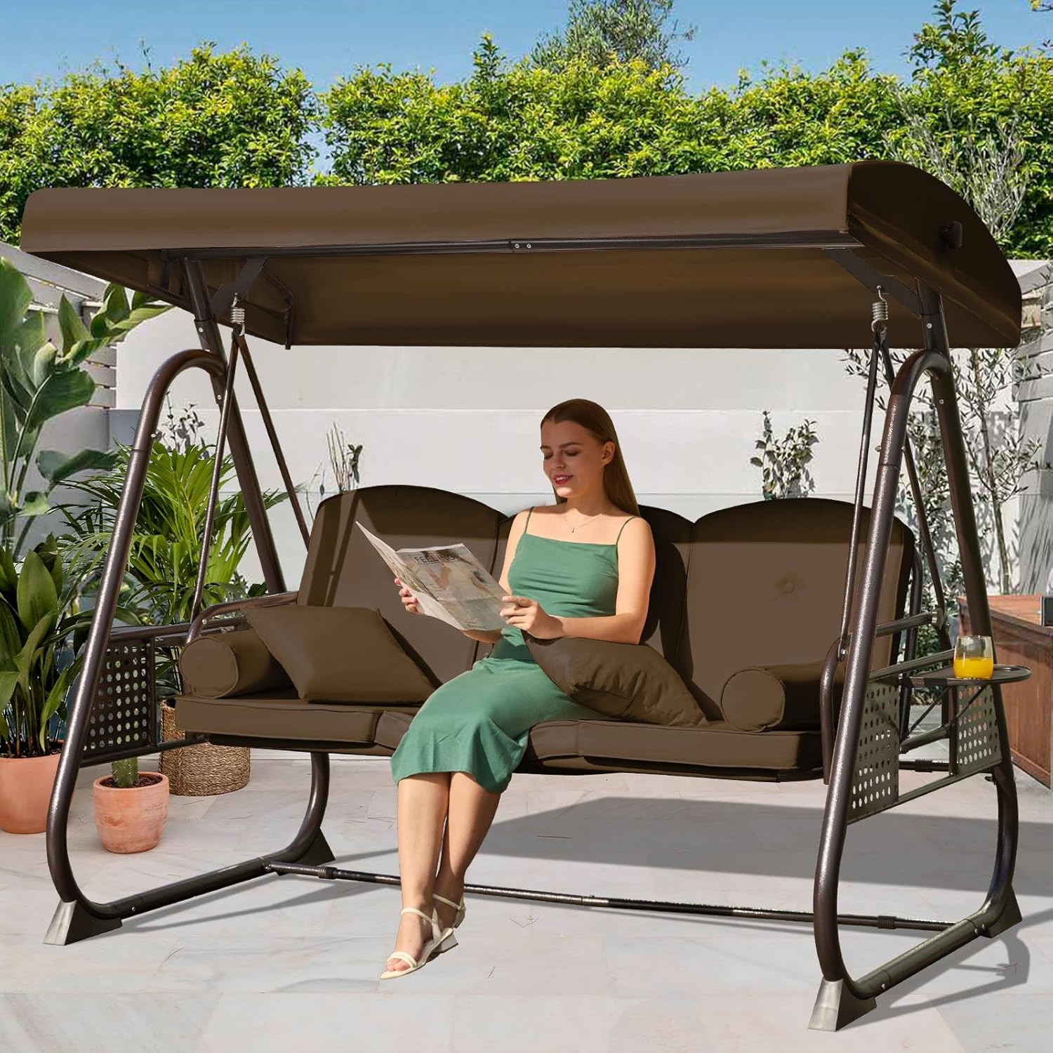3 in 1 Outdoor Porch Swing with Adjustable Canopy for Comfort