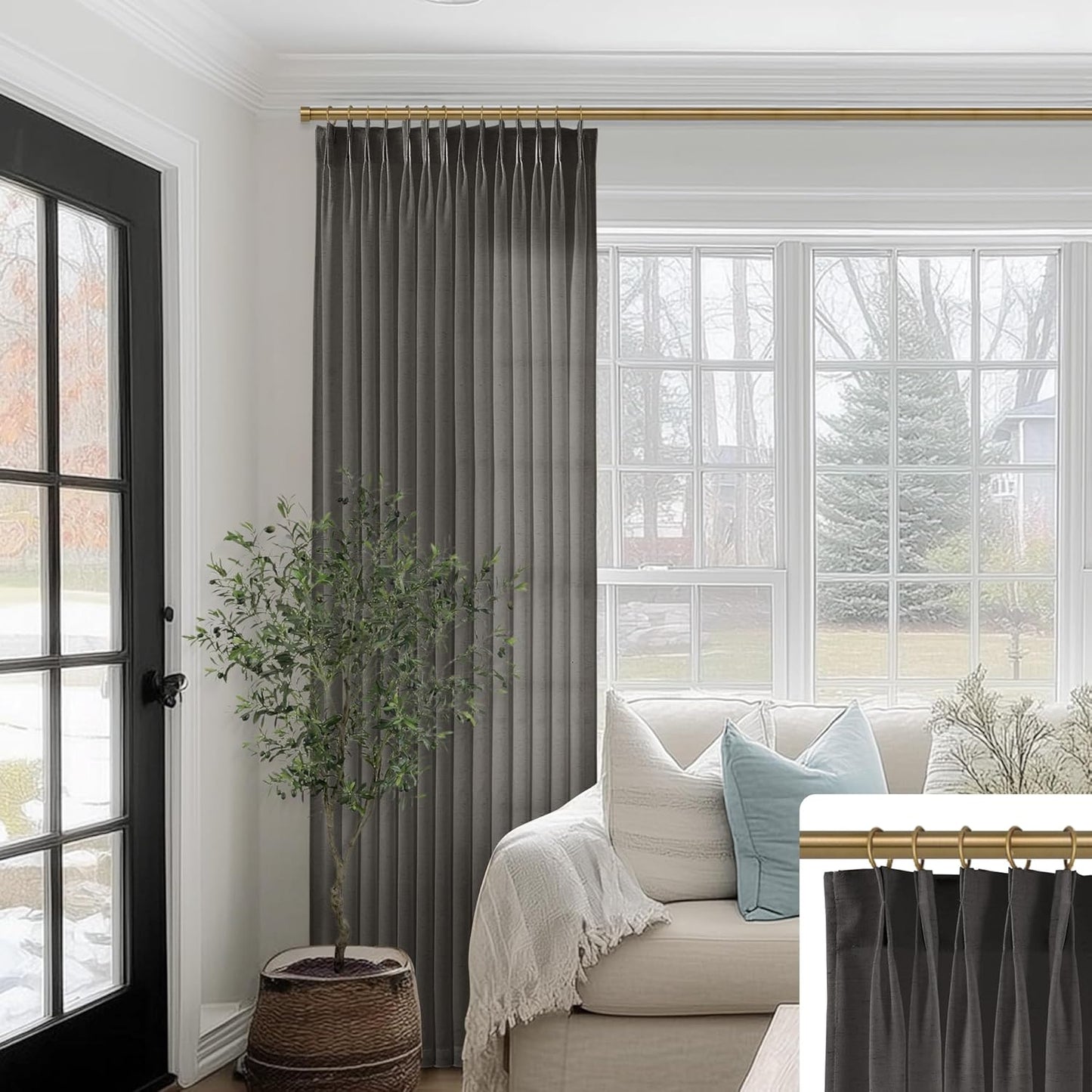 Brown Linen Pinch Pleated Curtains for Living Room and Bedroom