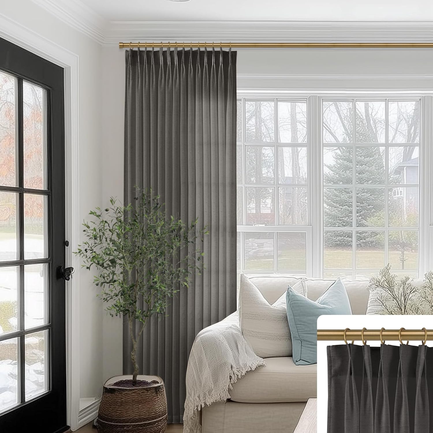 Brown Linen Pinch Pleated Curtains for Living Room and Bedroom