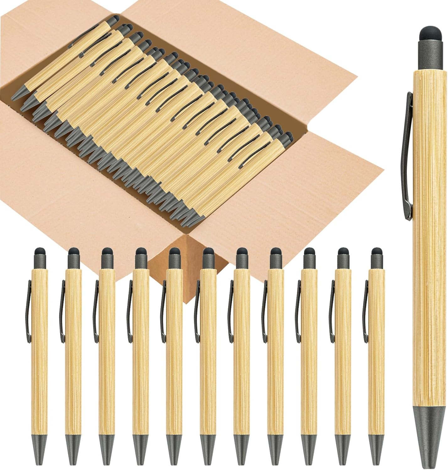 100pcs Bamboo Pens Bulk with Touch Stylus Tip for Custom Gifts