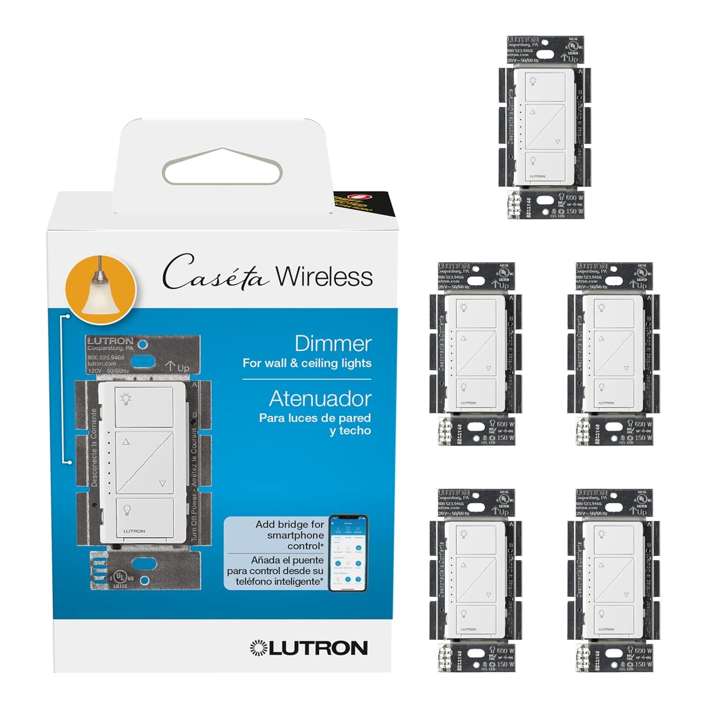 Lutron Caseta Smart Dimmer Switch for LED Lights, 5 Pack