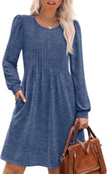 Long Sleeve Dress for Women Pleated Crew Neck Babydoll - Casual Fall