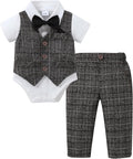 Baby Boy Gentleman Suit 4PCS Toddler Romper Vest Pants Bow Tie - Soft