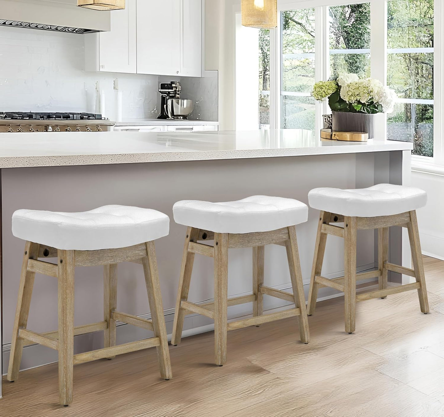 Comfortable White Bar Stools Set of 3 for Kitchen Counter