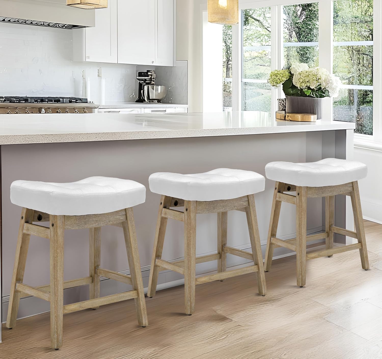 Comfortable White Bar Stools Set of 3 for Kitchen Counter