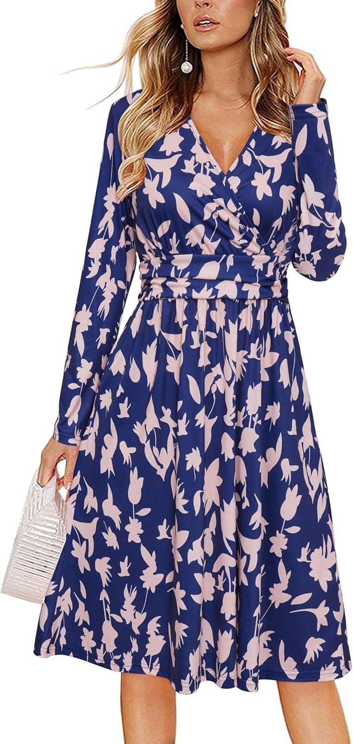 OUGES Women's Fall Long Sleeve Dress with Pockets for Weddings