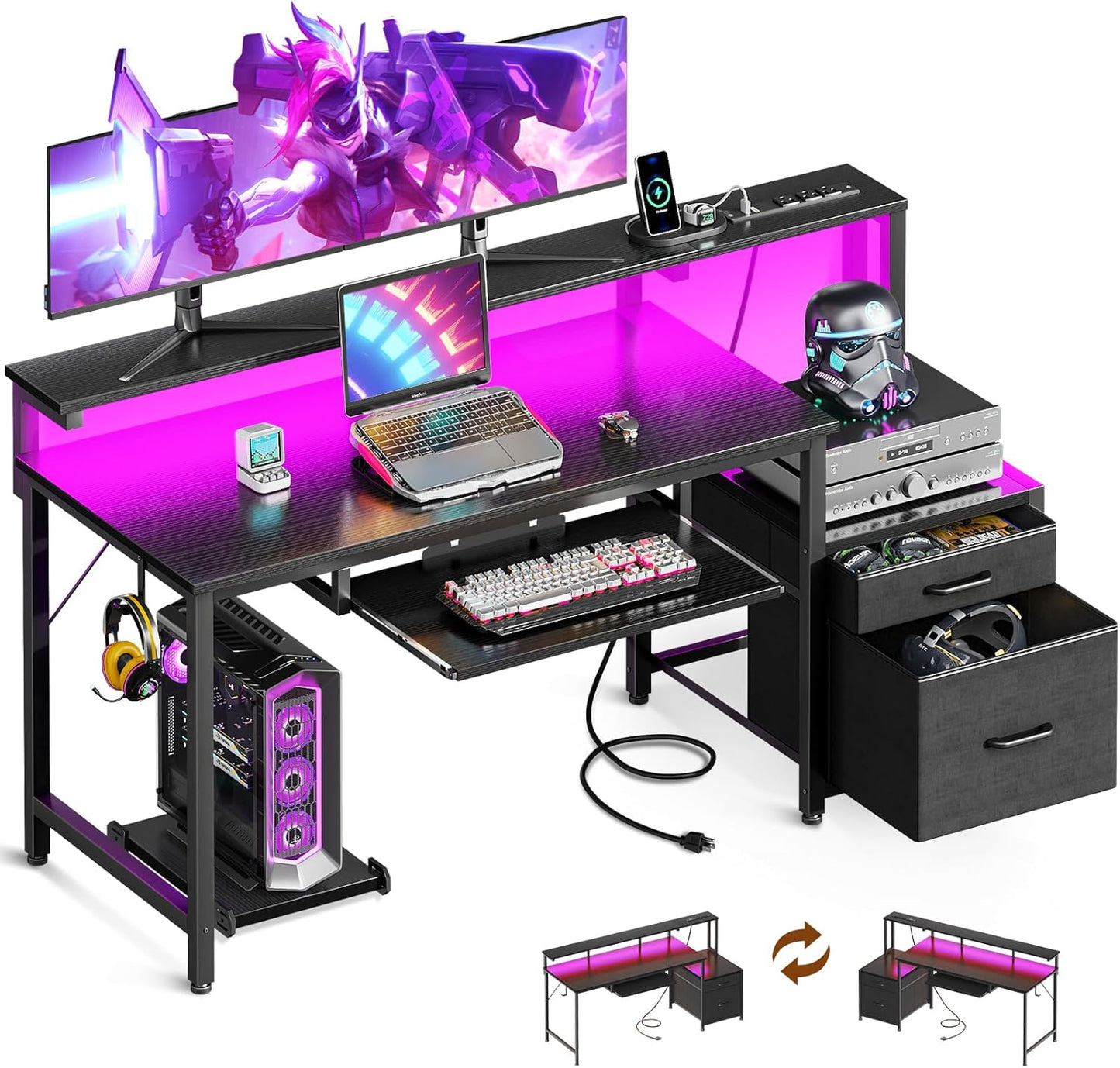 55-Inch Gaming Desk with Power Outlets & LED Lights