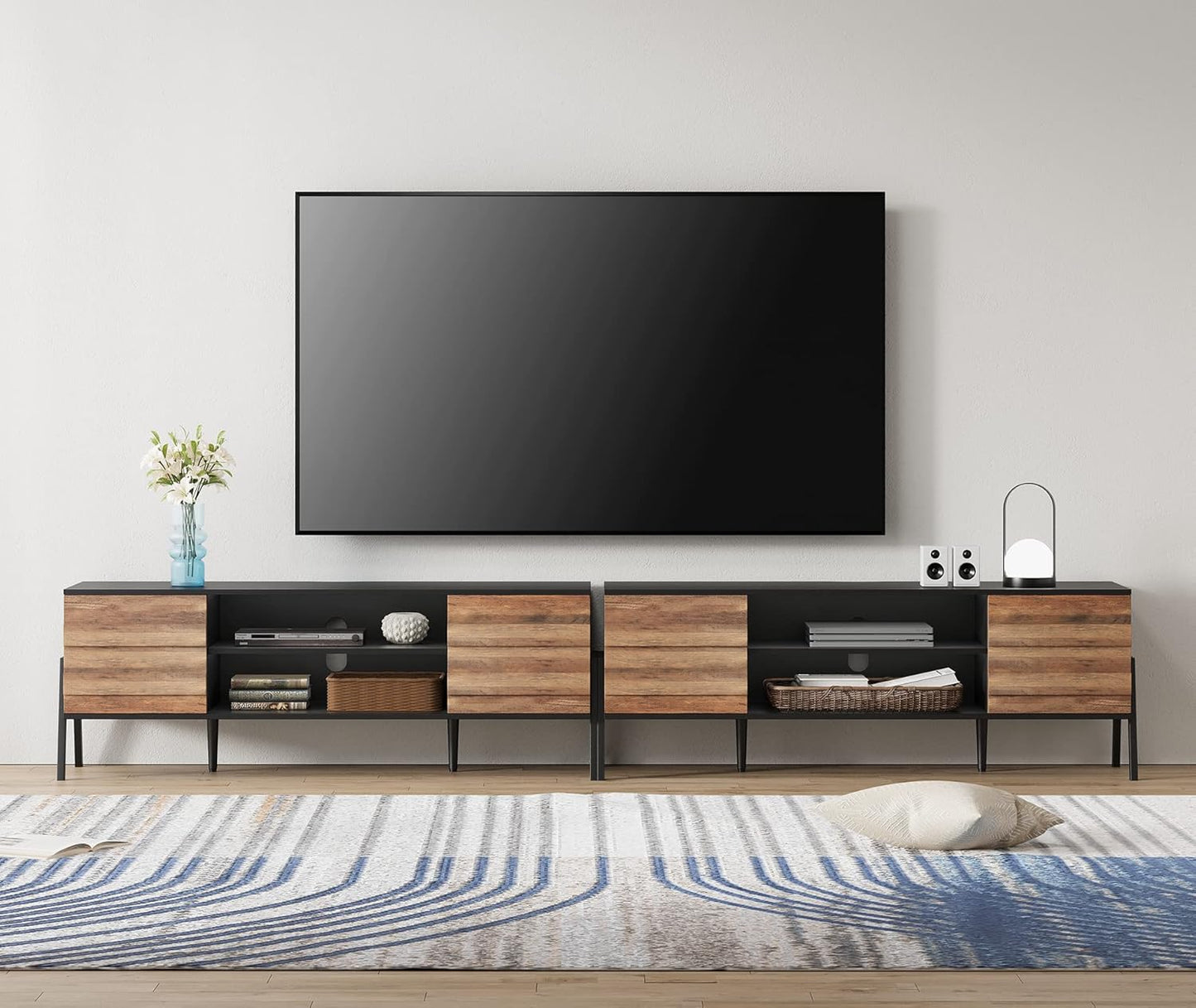 Mid-Century Modern TV Stand for 100 Inch TV, 8 Storage, Black&Oak