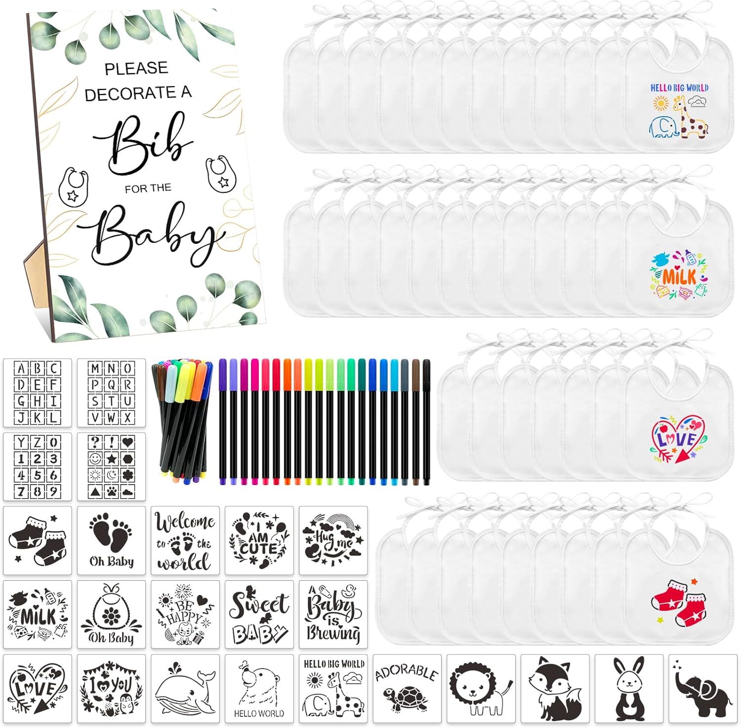 DIY Baby Bibs Decorating Kit with 50 Bibs and 24 Stencils