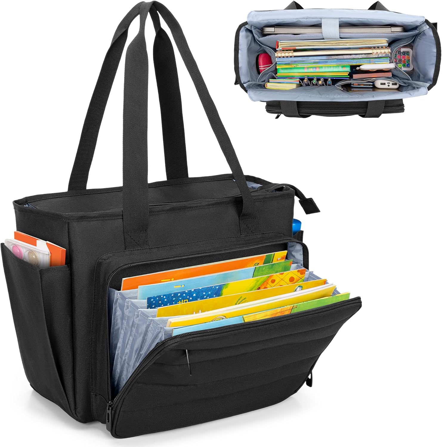 Large Teacher Tote Bag with Accordion File Organizer and Laptop Sleeve