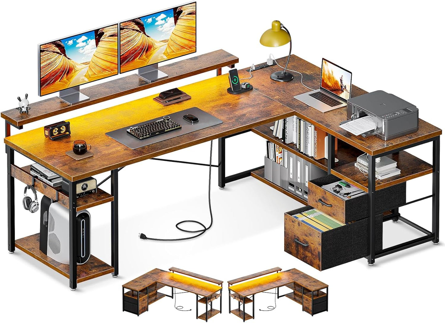 Vintage L-Shaped Gaming Desk with Power Outlets