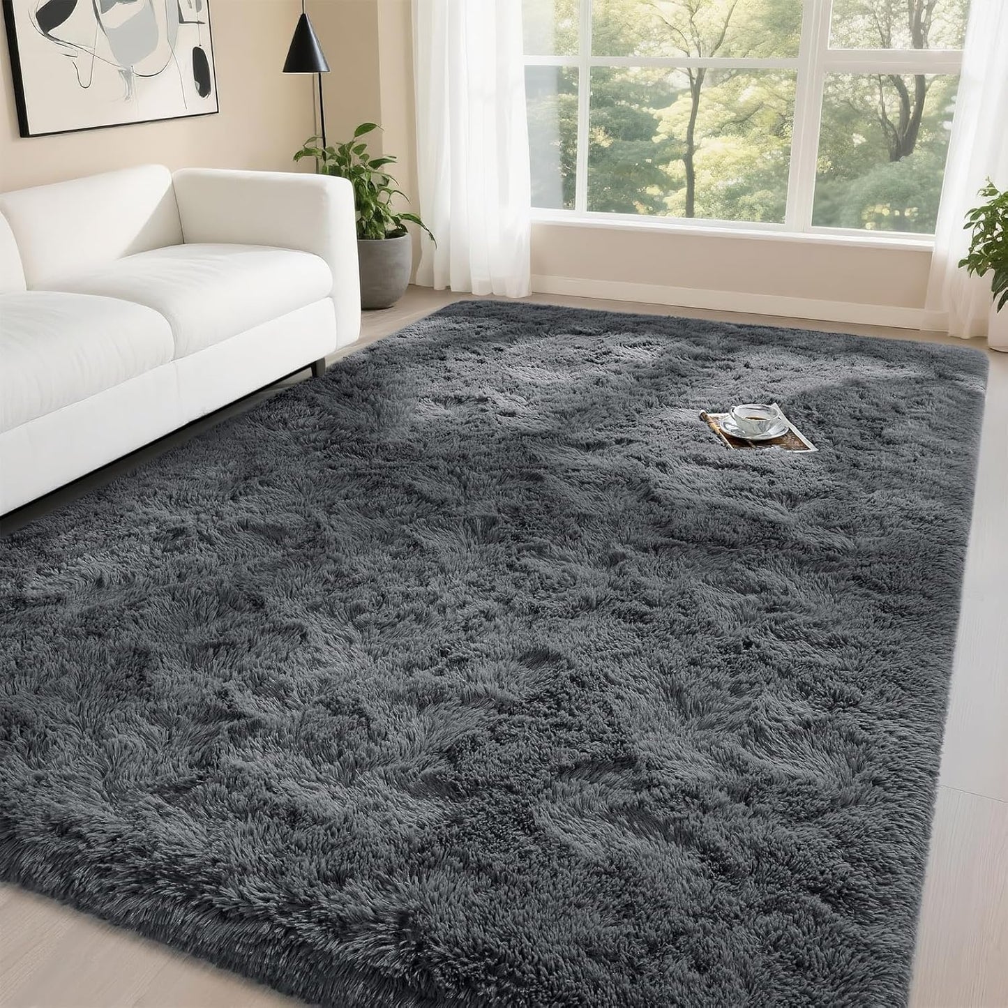 Fluffy Dark Grey 6x9 Area Rugs for Bedroom Living Room Decor