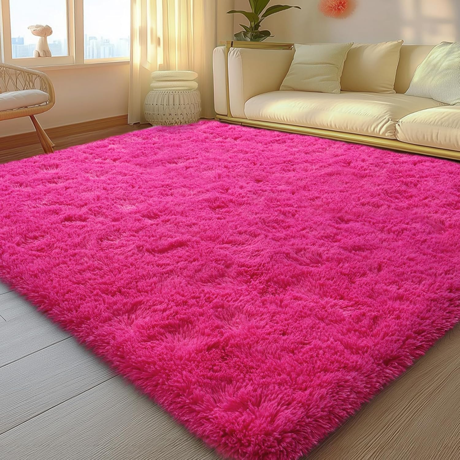 5x7 Rugs for Living Room - Large Fluffy Area Rug in Hot Pink