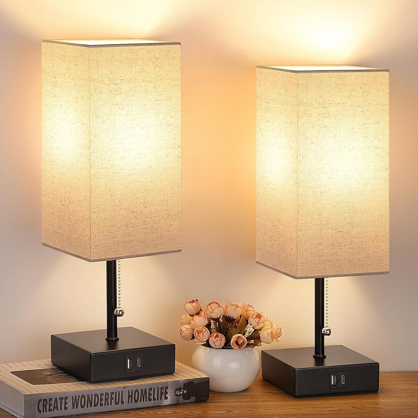 GGOYING Set of 2 Bedside Table Lamp with USB Charging Ports