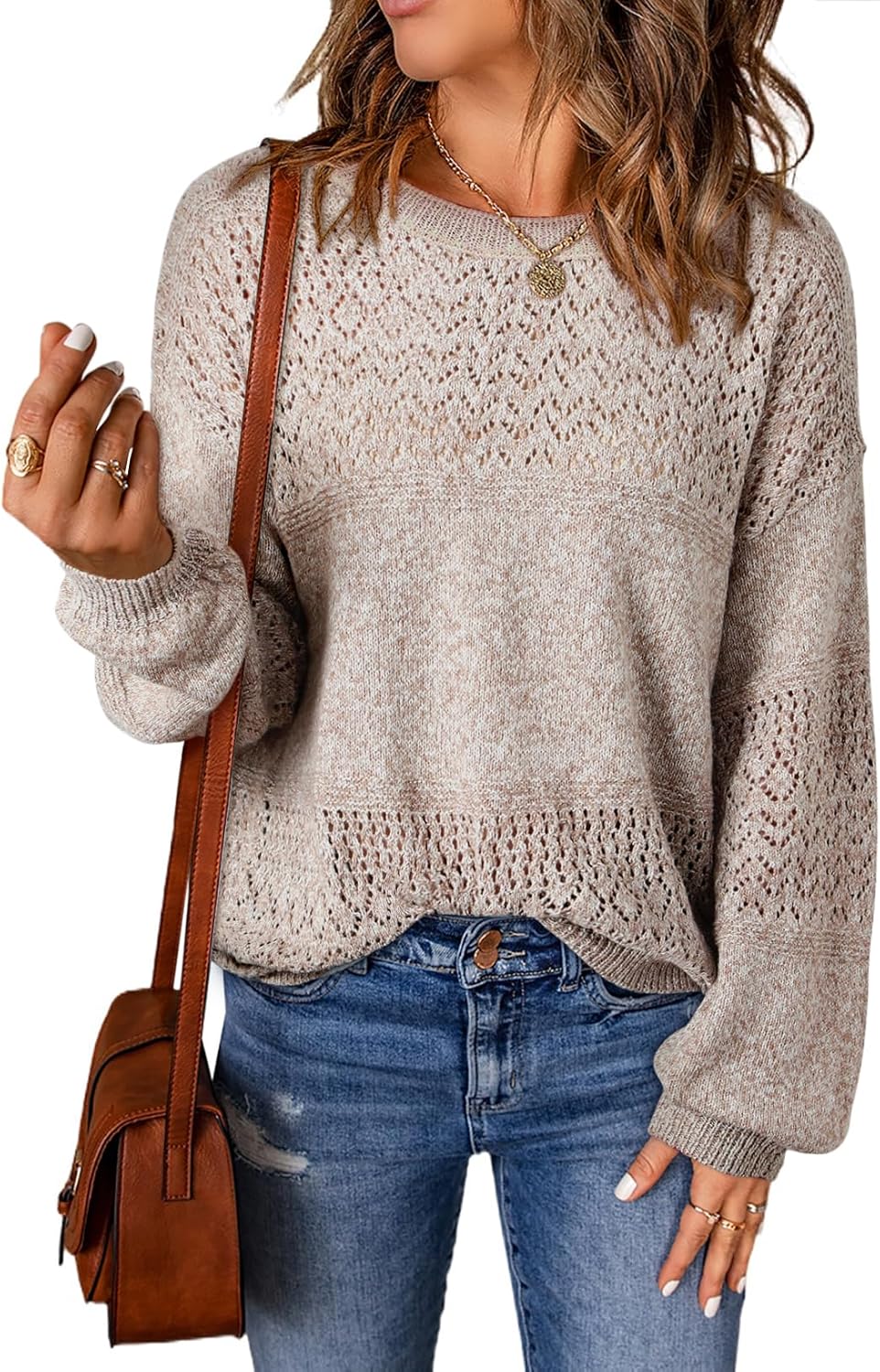 SHEWIN Women's Casual Long Sleeve V Neck Crochet Pullover Sweater