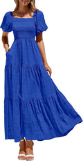 Womens Puff Sleeve Maxi Dress - Flowy Smocked Tiered Sundress
