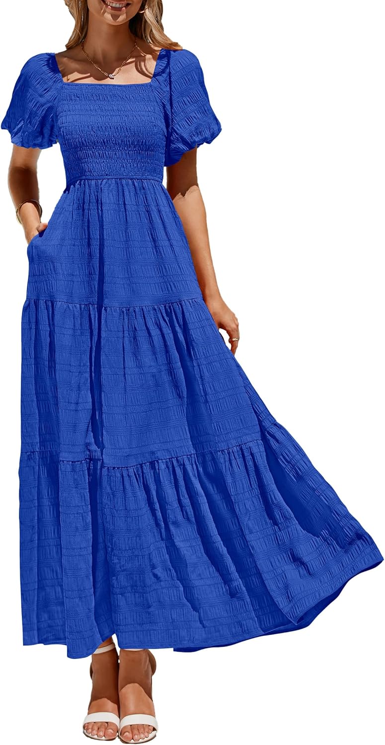 PRETTYGARDEN Womens Summer Puff Sleeve Maxi Dress for Beach