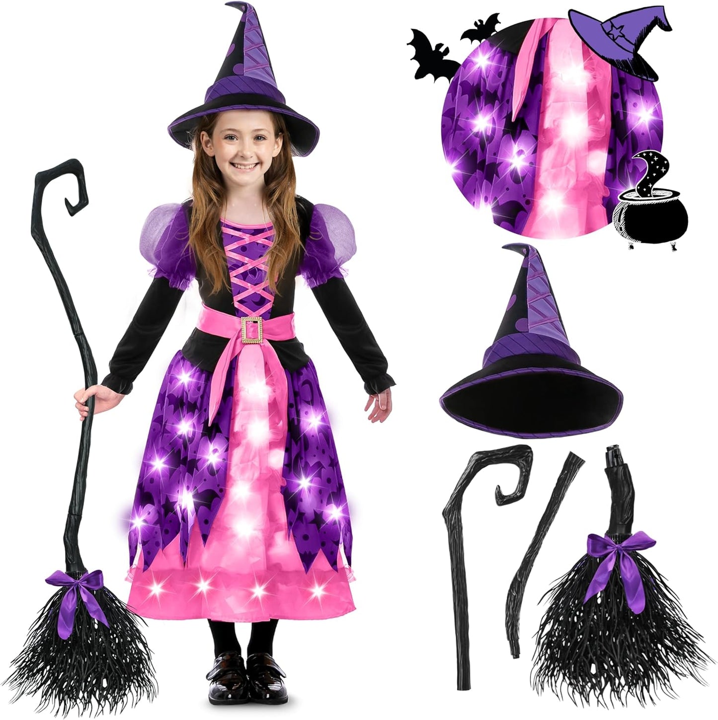 Light Up Bat Witch Tutu Costume for Kids Halloween Parties