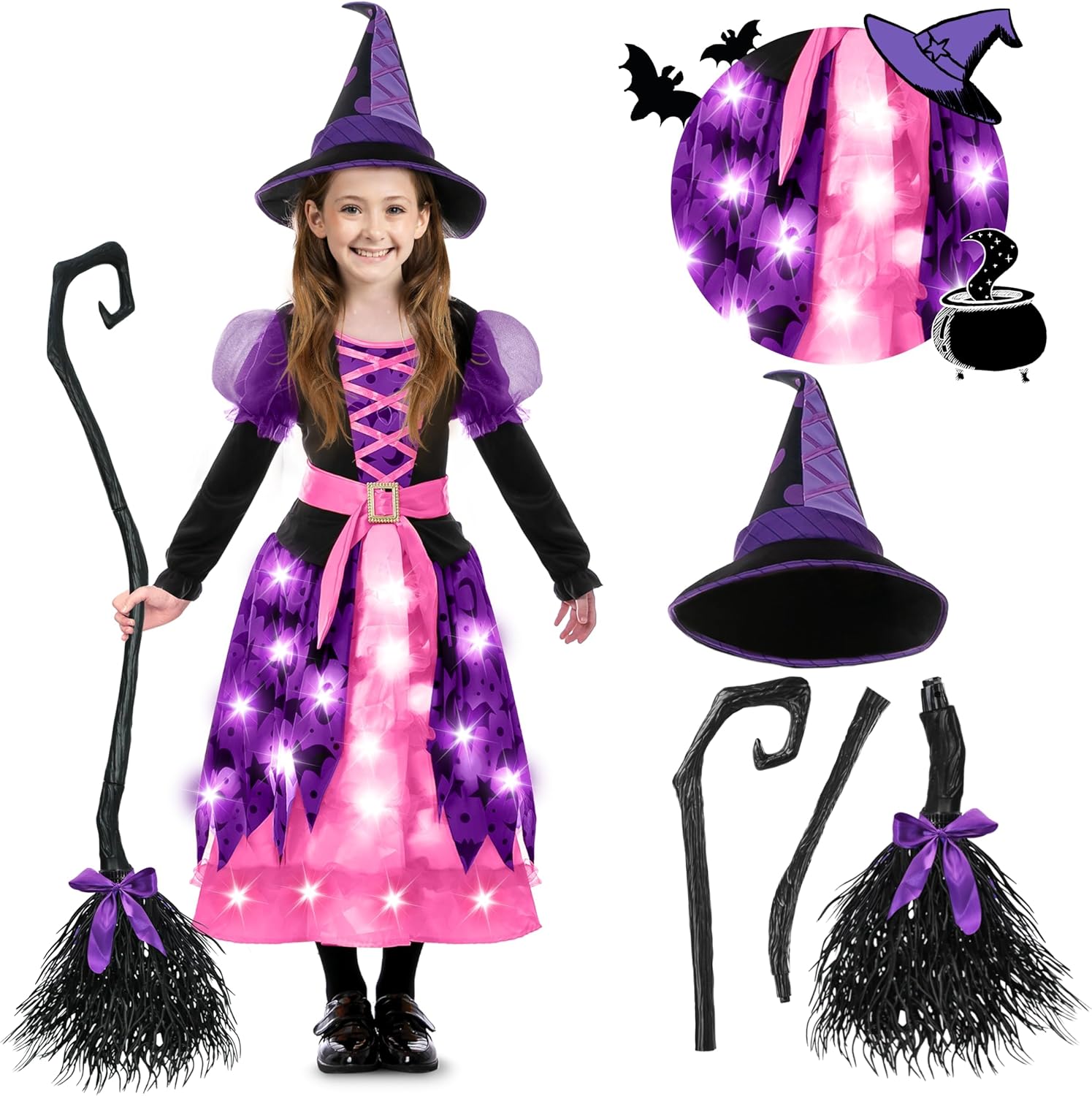 Light Up Bat Witch Tutu Costume for Kids Halloween Parties