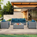 4 Piece Wicker Patio Furniture Set with Peacock Blue Cushions