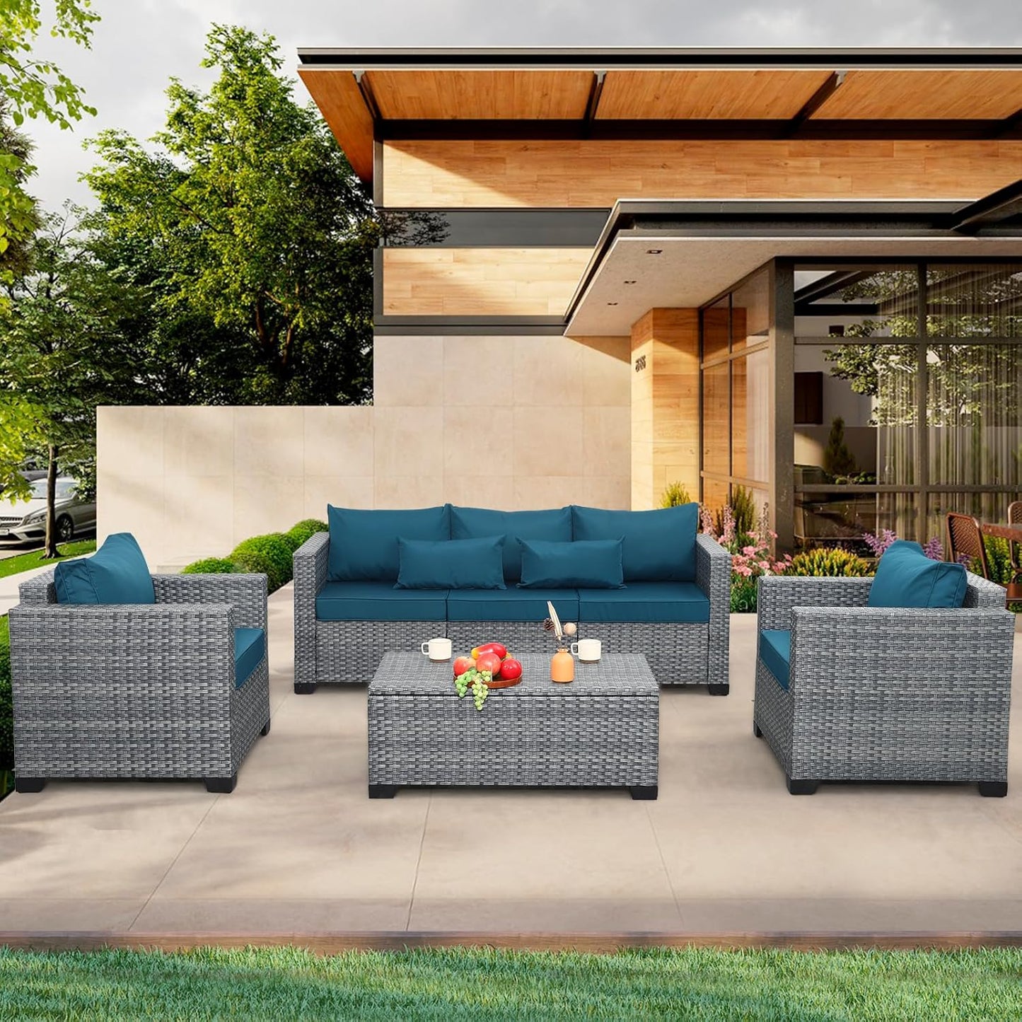 4 Piece Wicker Patio Furniture Set with Peacock Blue Cushions