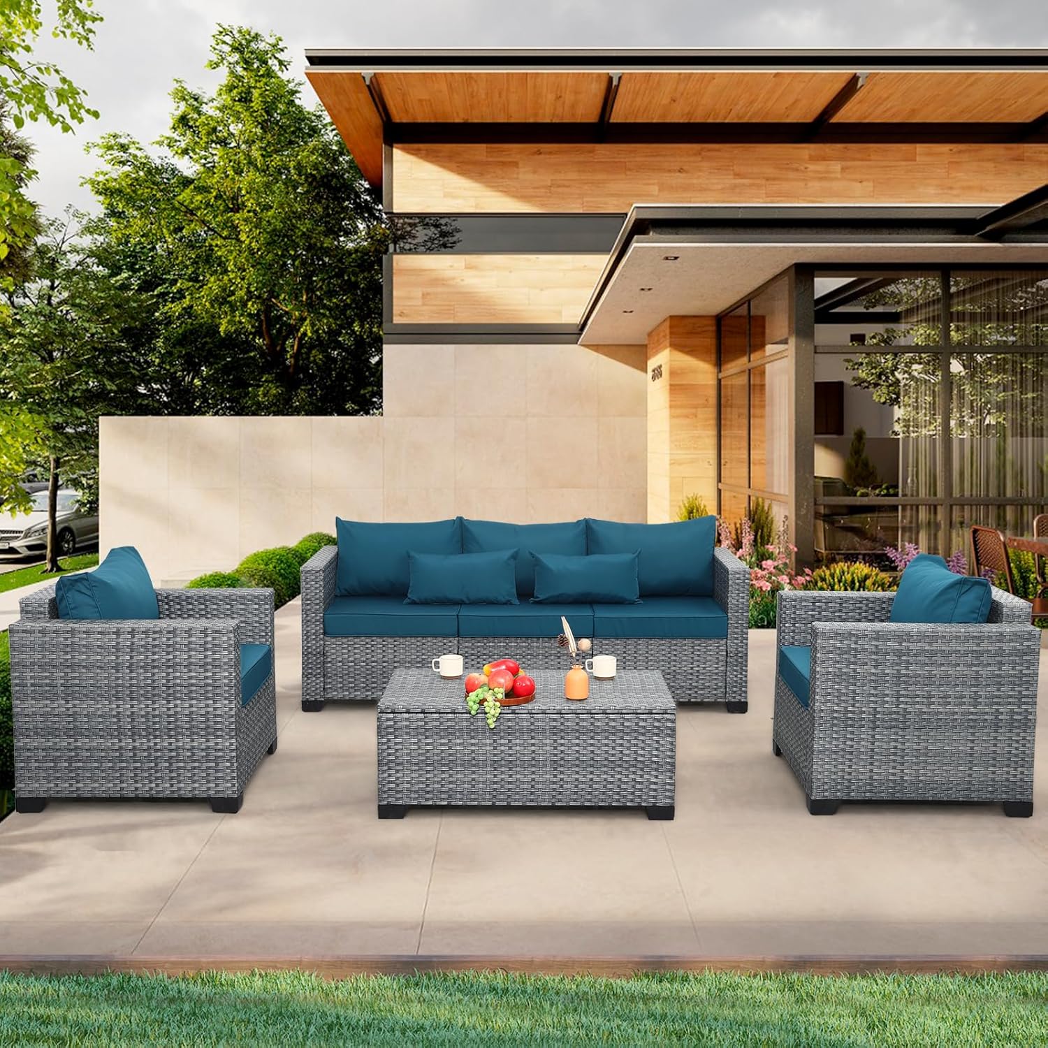 4 Piece Wicker Patio Furniture Set with Peacock Blue Cushions