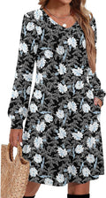 Zeagoo Fall Dresses Long Sleeve Pleated V Neck A-Line Dress - Casual