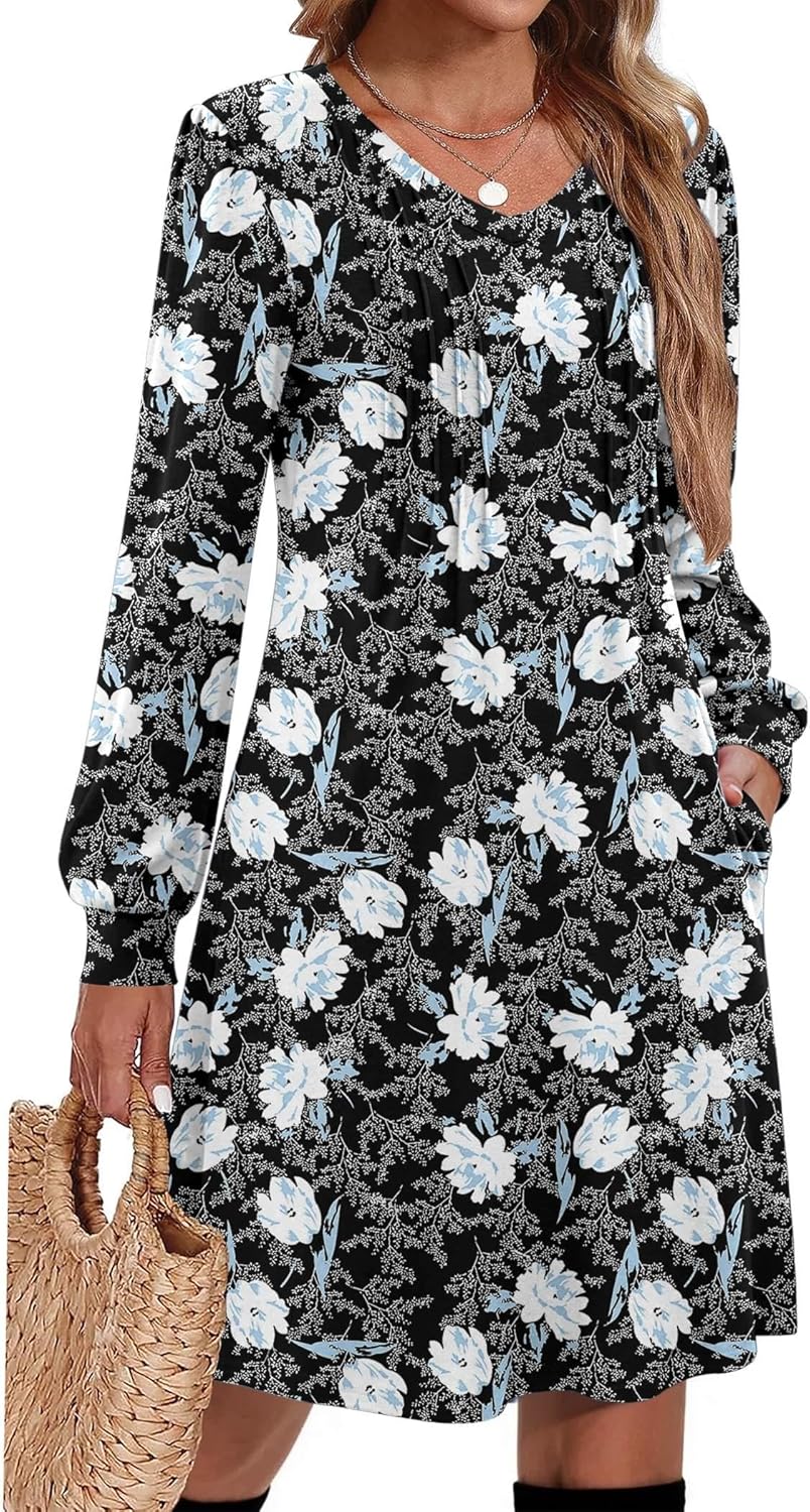 Zeagoo Fall Dresses for Women Long Sleeve Casual Pleated V Neck