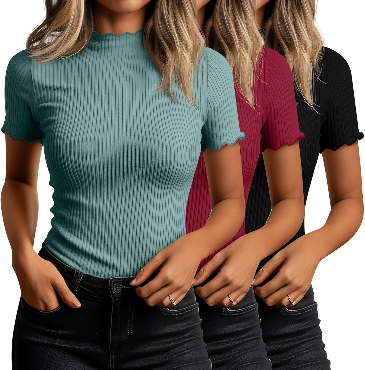 Huukeay Women's Mock Turtleneck Short Sleeve Tops - 3 Pack