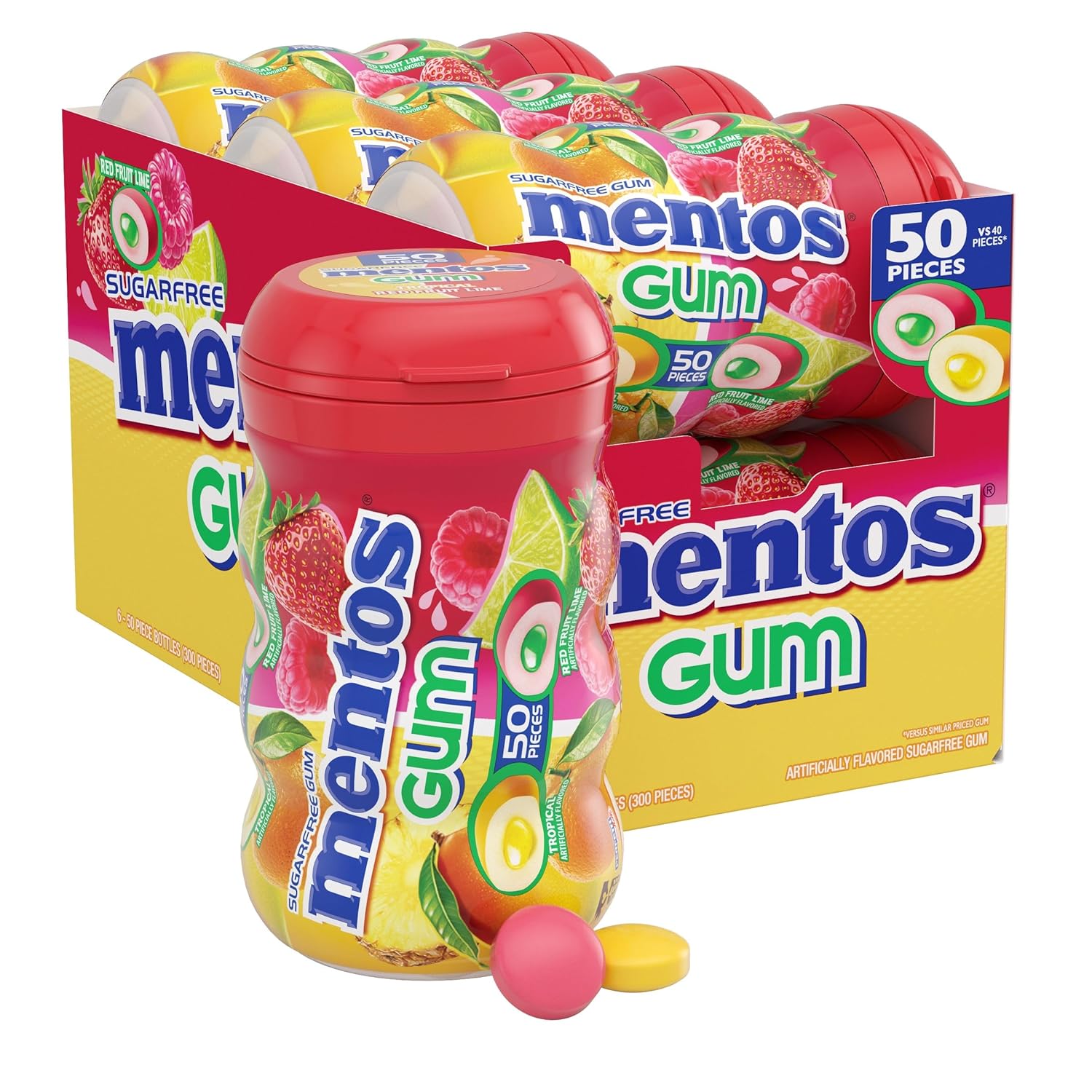 Mentos Sugar-Free Chewing Gum, Tropical Red Fruit and Lime Flavor