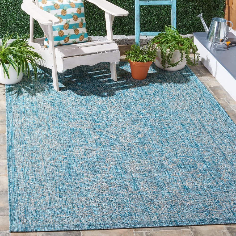 SAFAVIEH Courtyard Collection Aqua/Grey Area Rug for Indoor/Outdoor