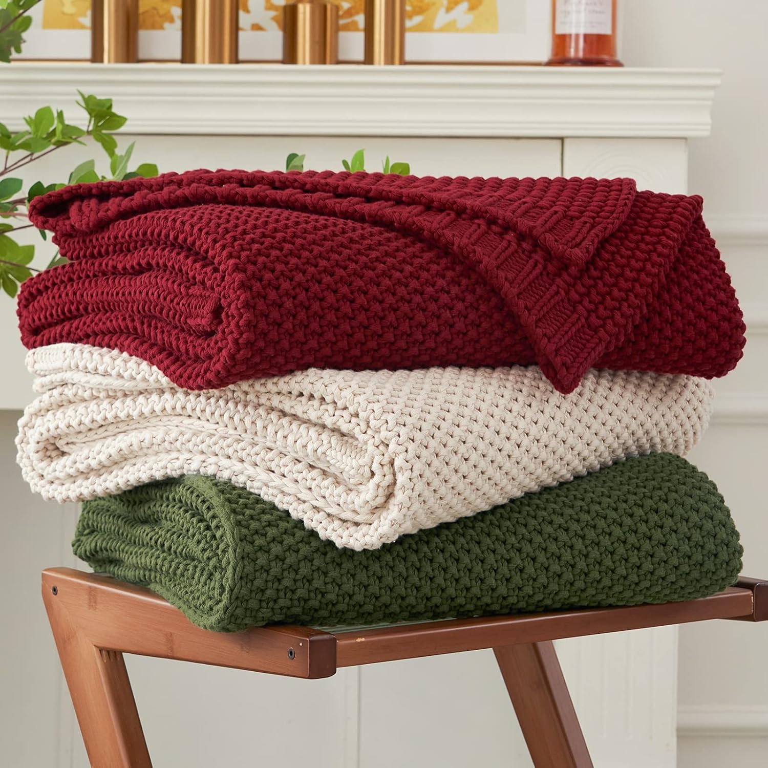 Chunky Cable Knit Throw Blanket Lightweight Burgundy Organic Cotton